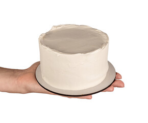 Hand holding blank bento cake mock up, mini birthday dessert on palm isolated on white background