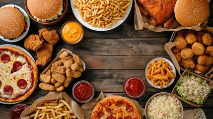 Buffet table scene of take out or delivery foods. Pizza, hamburgers, fried chicken and sides. Above view on a dark wood background