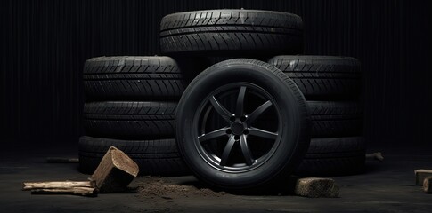 Naklejka premium Stack of black tires in photo on black background. generative AI