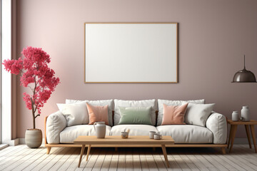 A tastefully decorated interior living room mockup with solid colorful details and an empty frame, providing a serene and visually appealing environment for your messaging.