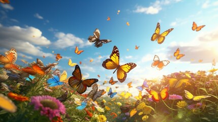 This high-definition 3D render brings to life a field of butterflies, their wings aflutter in the warm breeze.