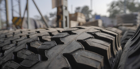 Closeup of truck wheel, Fragment of tire, Texture of Truck tire tread stock photo