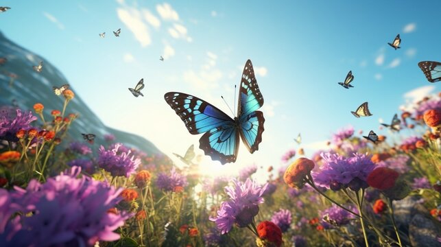 This high-definition 3D render brings to life a field of butterflies, their wings aflutter in the warm breeze.
