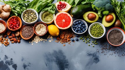 Healthy food clean eating selection: fruit, vegetable, seeds, superfood,