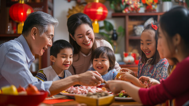 Chinese New Year Lunar family celebration home happy gathering lanterns generation grandparents 