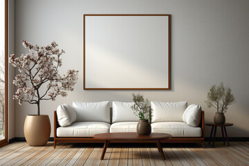 A visually appealing interior living room mockup with solid colorful details and a blank empty frame, offering a tasteful and modern setting for your copy.