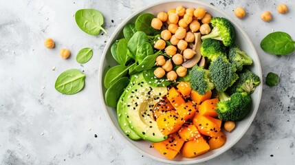 healthy vegan lunch bowl with Avocado, mushrooms, broccoli, spinach,