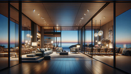 showcasing a modern, luxury home with the living room and dining room open to an ocean view at dusk