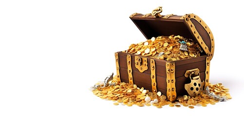 Wooden chest containing gold coins on white background - obrazy, fototapety, plakaty
