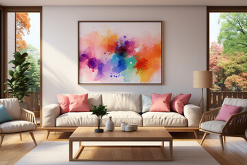 An inviting and well-lit living room mockup featuring solid colorful elements and an empty frame, creating a modern and sophisticated atmosphere for your messaging.