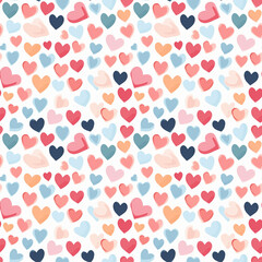 Seamless pattern with colored hearts on white background in watercolor style.