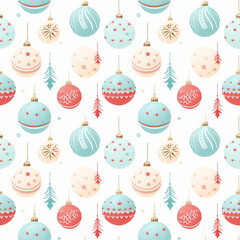 Seamless pattern with colorful christmas decorations on white background.
