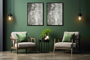 Craft a chic and calming ambiance with two chairs in green and charcoal grey, positioned against a blank wall. 