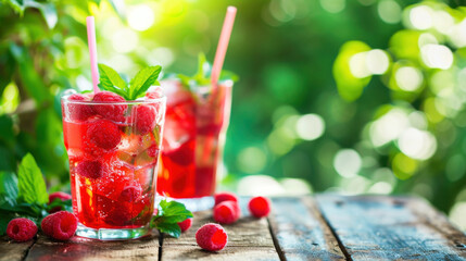 Red raspberry cocktail with soda and ice, green sunny summer garden background