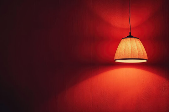 A lamp hangs against a red wall, casting its light and illuminating the area, with space available for text or presentation.