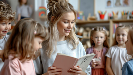 The young blond woman teacher is reading a book to children during a lesson at a childcare center or school.
