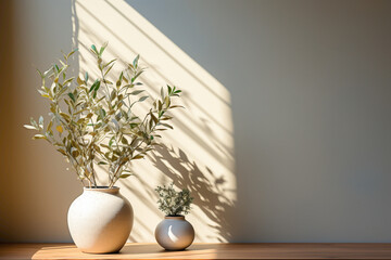 Create a cozy nook with two chairs, a table, and a delightful little plant, set against a simple solid wall with a blank empty white frame for personal touches.