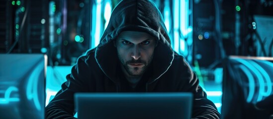 Male hacker performing cyberattack on government system, attempting theft of crucial information and passwords by coding harmful software and breaking program encryption, internet security.
