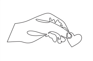 Hand holding heart continuous one line drawing. Love concept. Vector illustration isolated on white.
