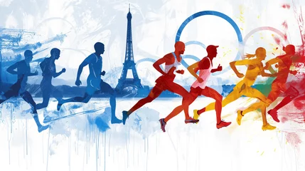 Rolgordijnen Paris olympics games France 2024 ceremony running sports Eiffel tower torch artwork painting commencement © The Stock Image Bank