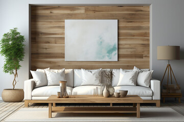 Create a minimalist masterpiece in your living room. Visualize an empty frame in a simple mockup, ready to showcase your creativity and design sensibilities against a clean and tranquil backdrop.