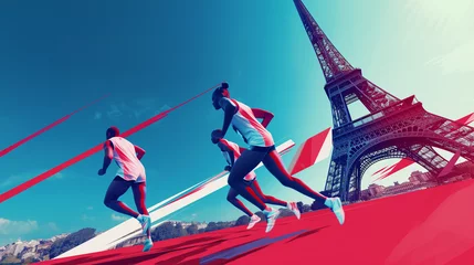 Fototapeten Paris olympics games France 2024 ceremony running sports Eiffel tower torch artwork painting commencement © The Stock Image Bank