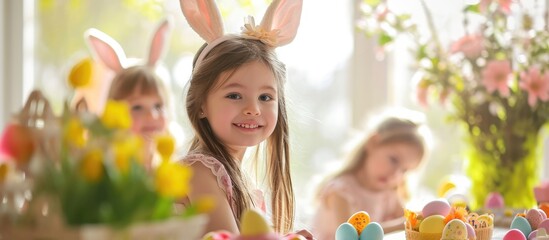 Children, dressed in bunny ears, celebrate Easter by hunting for eggs. They gather around a table adorned with pastel bunny decorations and flowers.