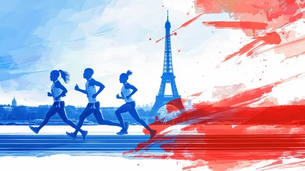 Zelfklevend Fotobehang Paris olympics games France 2024 ceremony running sports Eiffel tower torch artwork painting commencement © The Stock Image Bank