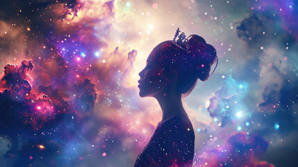 Obraz na płótnie Canvas Galaxy dress woman in a vibrant cosmic scenery, Starry night cosmos. Astronomy the science of the universe. Supernova background wallpaper