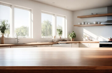 Fototapeta premium Empty wooden table top counter near a big window. Wood tabletop over defocused kitchen background. Trendy stylish desk space for product presentation, blur light modern cooking interior. 