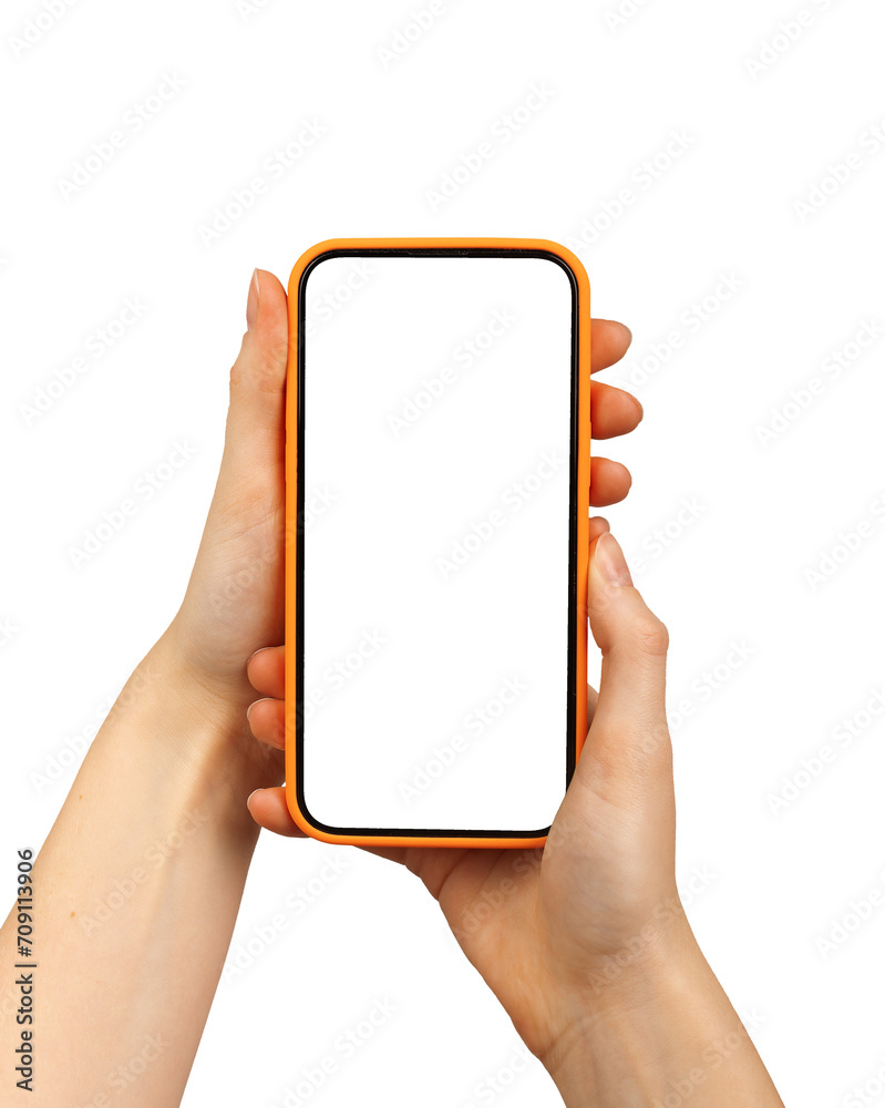 Poster mobile phone screen mockup in case. hand holding cellphone display mock up isolated on white