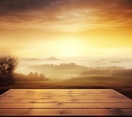 Fototapeta na wymiar empty vintage table for product display montage with golden sunrise over misty hills