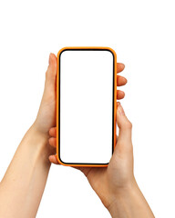 Mobile phone screen mockup in case. Hand holding cellphone display mock up isolated on white