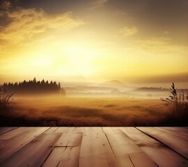 Fototapeta na wymiar empty vintage table for product display montage with golden sunrise over misty hills