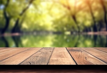 Wooden table top with natural green background of blurred lake - Powered by Adobe