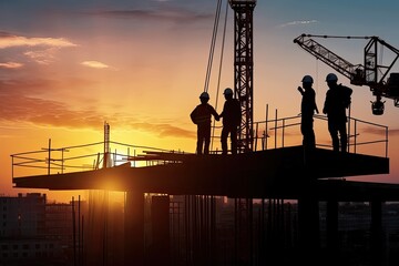 Silhouette of Engineer and worker with clipping path on building site, construction site at sunset in evening time.