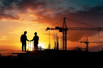 Fototapeta na wymiar Silhouette of Engineer and worker with clipping path on building site, construction site at sunset in evening time.