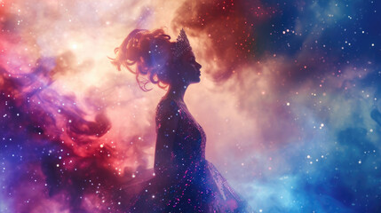 Obraz na płótnie Canvas Galaxy dress woman in a beautiful space scenery, Starry night cosmos. Astronomy the science of the universe. Supernova background wallpaper