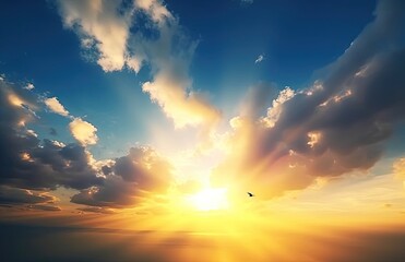 Fototapeta premium Beautiful colorful cloudscape sunset with sun rays