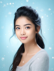 Portrait of a gorgeous young asian model under the snow. Studio portrait on a light blue background. 
