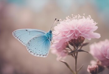 A gentle blue butterfly on a fluffy pink flower in nature in soft pastel colors with a soft focus ma