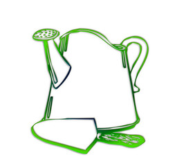 Green outline of a watering can with shovel on transparent background, PNG