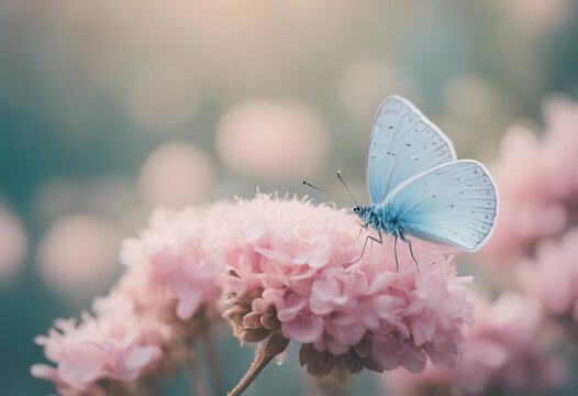 A gentle blue butterfly on a fluffy pink flower in nature in soft pastel colors with a soft focus ma
