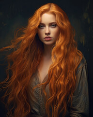 Fototapeta premium Illustration of a gorgeous young woman with red long red wavy hair. Portrait on a dark background 