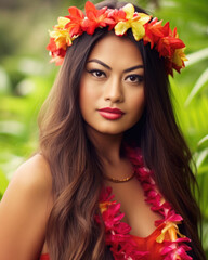 Young native hawaiian woman and hula dancer with the traditional flower crown and necklace  - obrazy, fototapety, plakaty