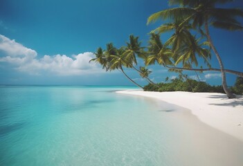 Beautiful beach with white sand turquoise ocean blue sky with clouds and palm tree over the water on