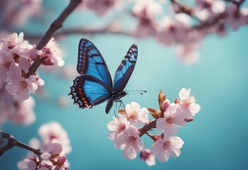 Beautiful blue butterfly in flight over branch of flowering apricot tree in spring at Sunrise on lig