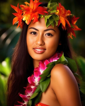 Portrait of a young polynesian hawaiian woman and hula dancer wearing a flower crown and necklace 