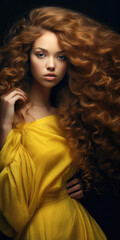 Glamorous young model posing in a studio. Beautiful long curly hair, tanned skin and a long yellow dress. 