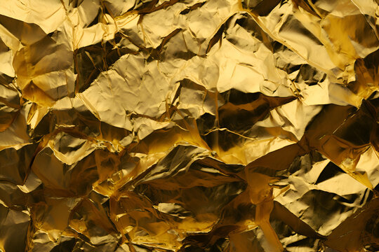 High detailed crumpled gold foil leaf shiny texture, abstract yellow wrapping paper seamless pattern for walllpaper, background and design art work